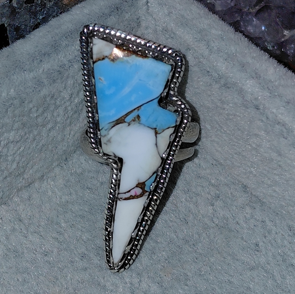 Cotton Candy Turquoise Lightning Bolt Sterling Silver Adjustable Ring - Picture 7 of 9